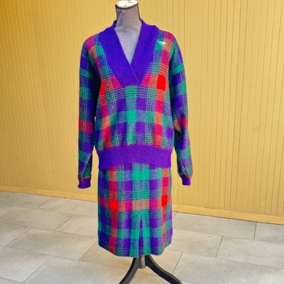 70s Missoni Skirt Set Knit Sweater Tartan Mohair Wool Matching Vintage Designer - Picture 1 of 7